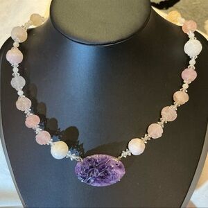 Antique Chinese Art Deco Carved Amethyst & Quartz Beaded Necklace